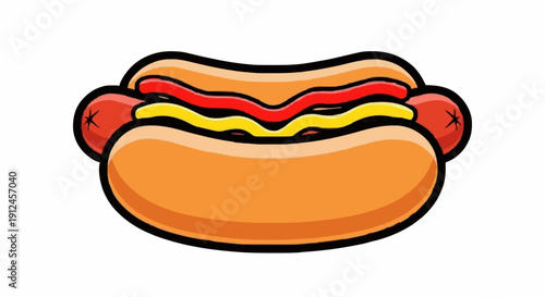 Single hot dog icon, perfectly centered front view, symmetrical composition, vibrant colors, thick bold outline, minimal shading, isolated on white background.