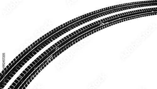 Curved tire track marks set, black grunge rubber skid trail vector illustration isolated on white background, automotive texture design