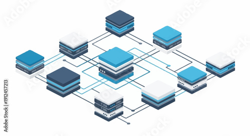 3D rendered network infrastructure with interconnected servers and data storage.