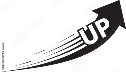 Black upward rising arrow with UP text silhouette, isolated vector.