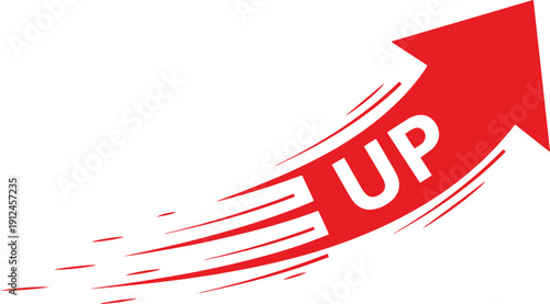 Red upward rising arrow with UP text silhouette, isolated vector.