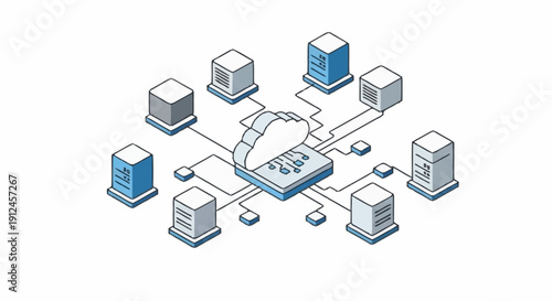 Network infrastructure diagram with servers and database connections.