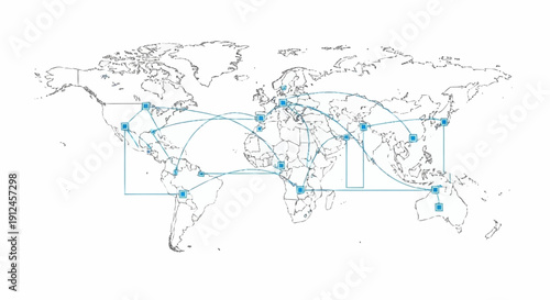 Global map with interconnected locations marked.