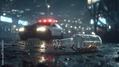 Police Car at Rainy Urban Crime Scene with Alcohol Bottle.