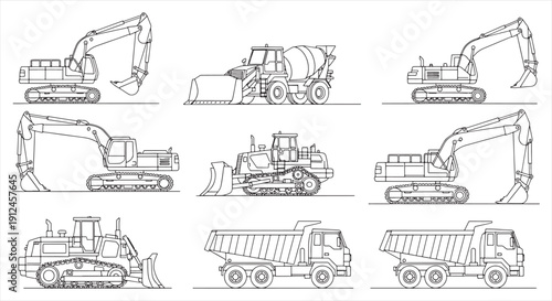 Construction Vehicle Icon Set – Heavy Machinery Line Vector for Engineering and Infrastructure Work