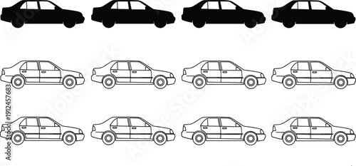 Sedan car silhouette and outline variation set, side view vehicle vector collection isolated on white background, automotive icon design bundle