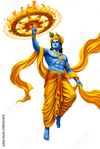 Hindu Deity Vishnu Standing with Spinning Golden Fiery Wheel and Peacock Feather