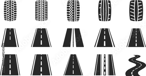 Tire tread and road silhouette icon collection, black highway and wheel track vector set isolated on white background