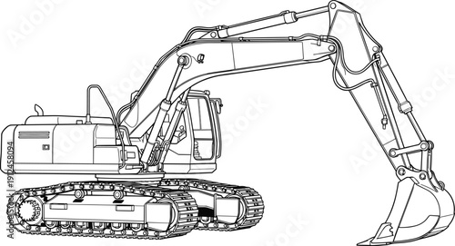 Tracked excavator line art illustration, heavy construction machinery with hydraulic arm and bucket vector isolated on white background