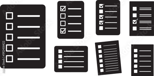 Collection of various checklist and form icons in black