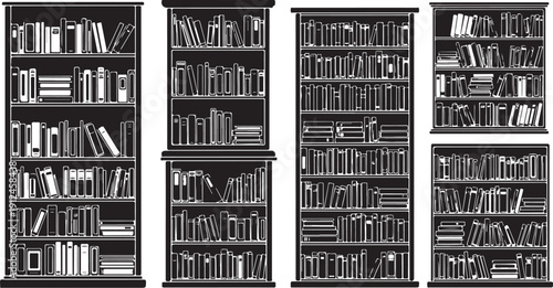 Illustration of four large bookshelves filled with many books