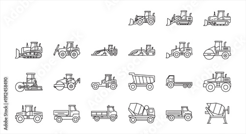 Construction Vehicle Icon Set – Heavy Machinery Line Vector for Engineering and Infrastructure Work