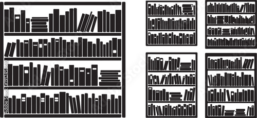 Collection of books on shelves in black and white