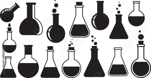 Black and white illustration of various laboratory flasks and beakers