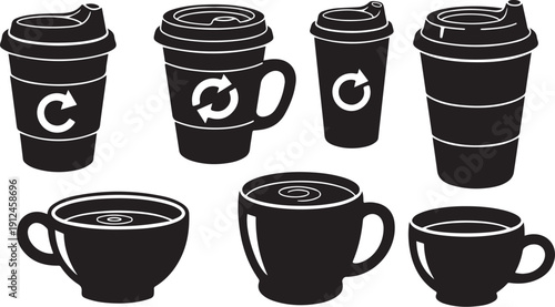 Collection of black coffee cups and recyclable takeaway containers