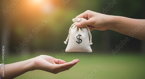 Financial investment and grant funding for environmental projects. Donation and charity concept. Hand giving a money bag with dollar sign to another person outdoors