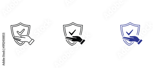 Shield Protection Icon Set with Hand and Checkmark for Insurance, Security, and Safety Concepts. Vector Illustration of Guaranteed Privacy, Data Protection, and Reliable Support Services.
