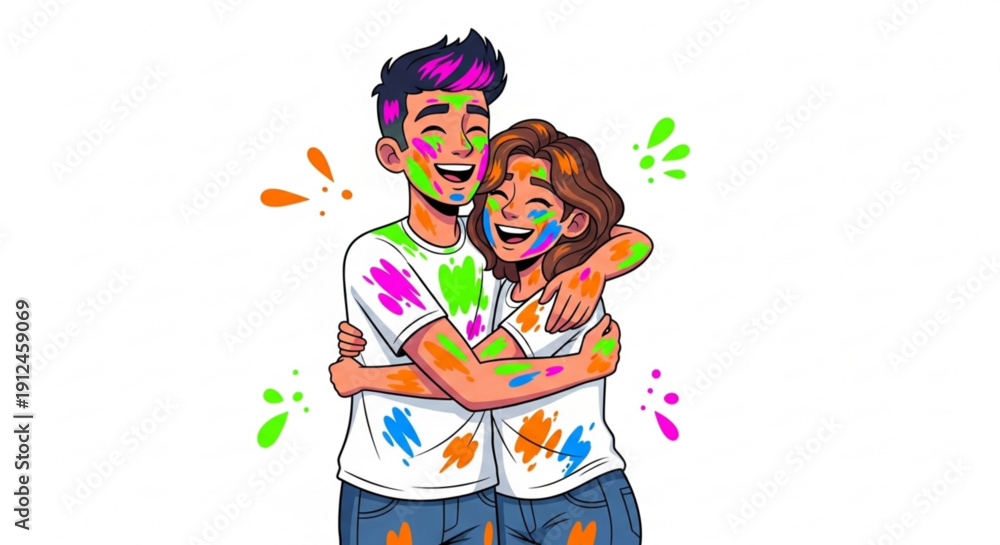 Naklejka premium Happy couple covered in colorful powder celebrating Holi festival joyful embrace with vibrant paint splashes vector illustration