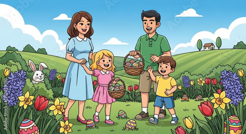 Happy family celebrating Easter egg hunt in a sunny meadow with colorful flowers a bunny and rolling green hills