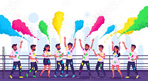Diverse group of people celebrating Holi festival with colorful powder concept of joy and togetherness vector illustration on white backgrou