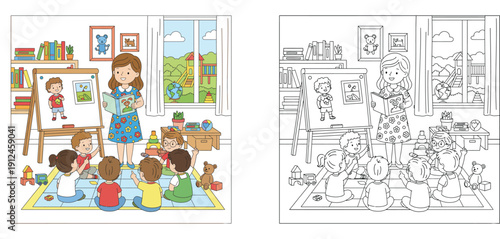 Teacher Reading a Story to Children in Preschool Classroom with Educational Easel and Toys Vector Illustration and Black and White Coloring Page Set for Kids Learning Activity