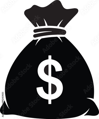 Money bag icon silhouette with dollar sign for wealth, banking, and profit concept
