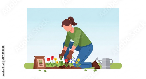 Woman planting flowers in garden spring gardening concept flat vector illustration for seasonal promotion and lifestyle blogs