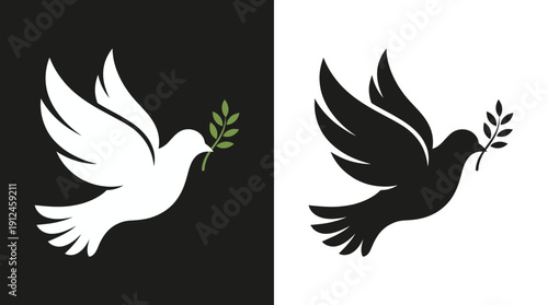 Dual-tone dove with an olive branch logo on contrasting black and white backgrounds, a peace symbol vector illustration for branding and design.