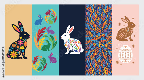 Five-panel decorative Easter rabbit patterns with floral motifs in pastel colors and nature-inspired textures