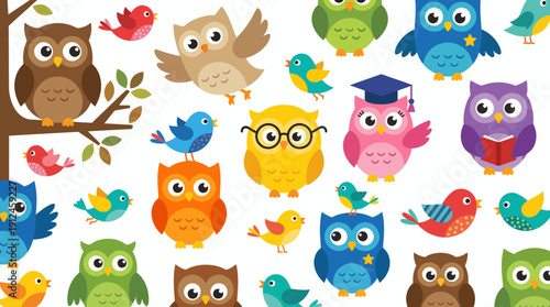 Colorful cartoon owls perched on branches in a cute whimsical pattern for kids, nursery decor, classroom decor and educational visuals.