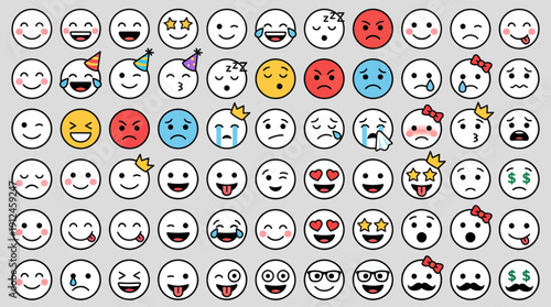 Grid collage of diverse emoji faces displaying a wide range of expressions including happiness, sadness, surprise, anger, love and laughter.