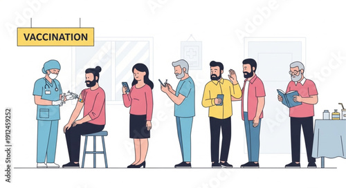 People in line for vaccination receiving injection from nurse.