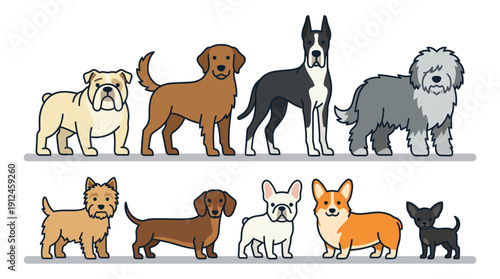Playful lineup of diverse dog breeds: cartoon illustrations of Labrador, Golden Retriever, German Shepherd, Poodle, Beagle, Dachshund and more