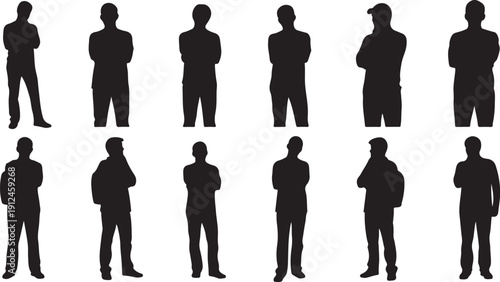 Silhouettes of people in various poses and outfits standing