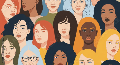 Diverse group of women faces illustration of multicultural community concept of female empowerment and unity flat design