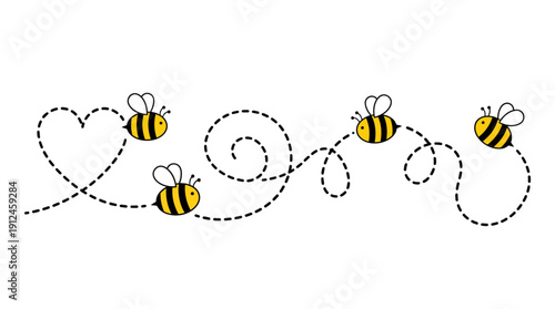 Three cute honey bees with dotted flight paths forming a heart shape, a playful nature illustration symbolizing love, teamwork, and pollination on a white background