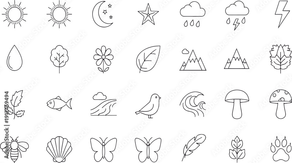 Fototapeta premium Print Minimalist Nature and Wildlife Icon Set Featuring Solar Symbols Weather Conditions Botanical Flora and Diverse Animal Motifs