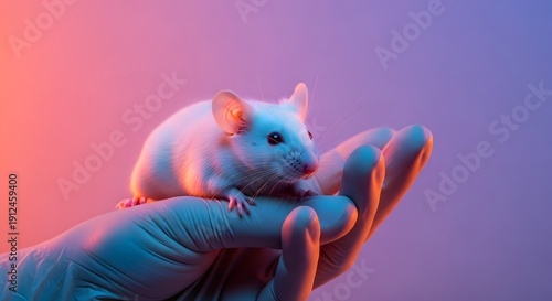 Veterinary care and medical testing for biotechnology research. Scientific experiment and drug safety. Close up of a researcher holding a white laboratory mouse in gloved hands