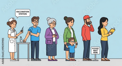 Diverse group of people waiting in line for vaccination.