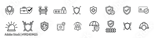 Collection of diverse black and white security and protection icons.