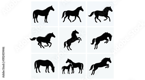 Nine black horse silhouettes in dynamic poses on a white background, vector-style equine artwork collection for design projects