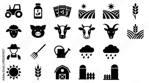 Comprehensive farm and agriculture icon set with tractor, crops, livestock, tools, weather, and barns for dashboards, websites, and design projects