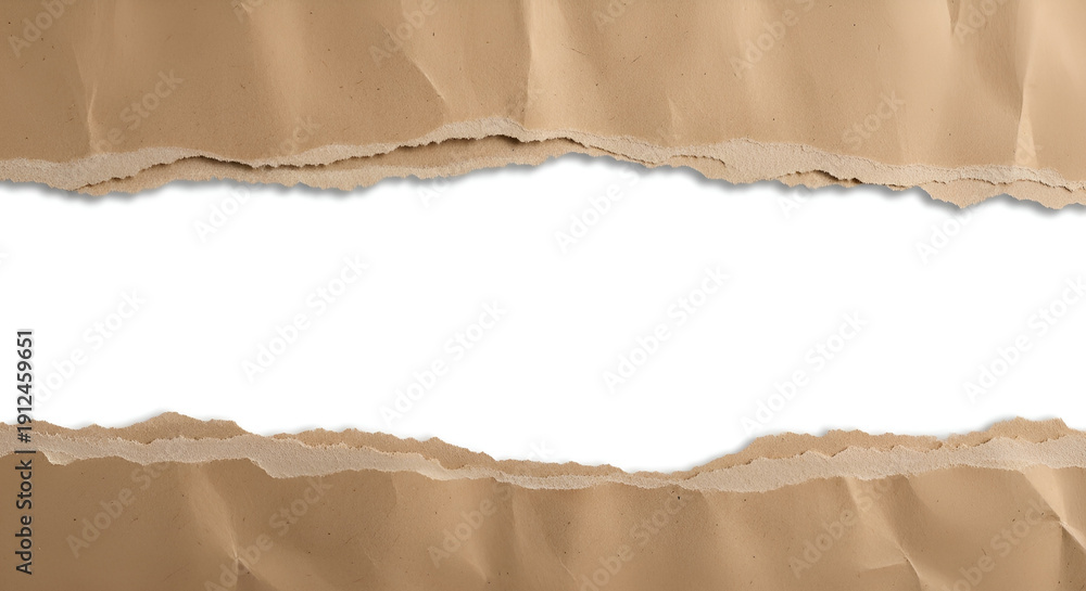 Naklejka premium Torn, textured brown paper reveals a bright white space, ideal for text or design elements