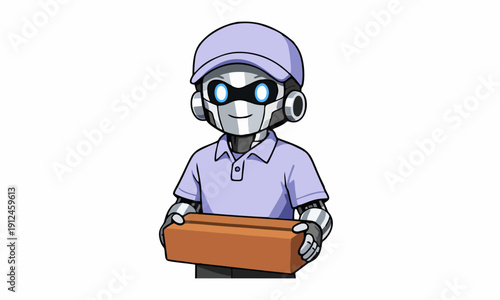 Delivery robot with cardboard box cartoon illustration