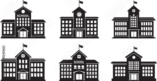 Six different school building designs in black and white