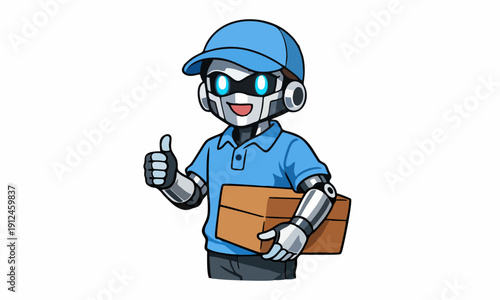 Delivery robot with cardboard box cartoon illustration