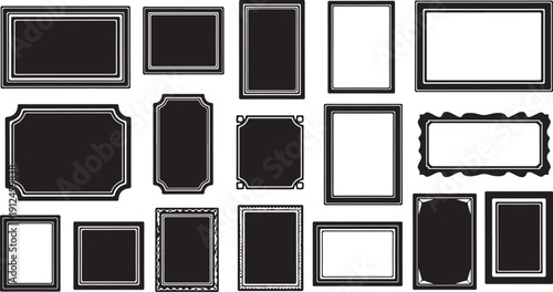 Collection of various black and white photo frames isolated