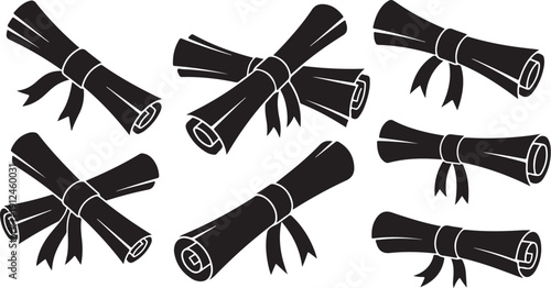 Black and white illustration of rolled up diplomas tied
