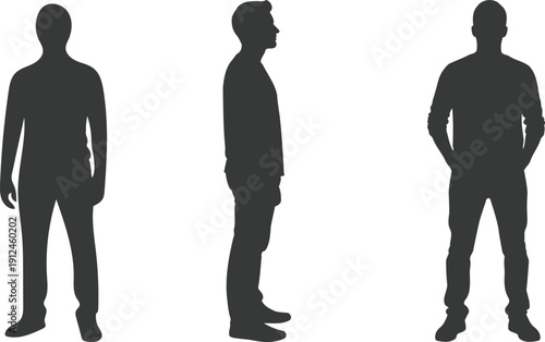 Three black silhouettes of a man in different poses on a white background