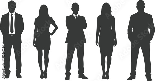 Five business professionals in formal attire standing in a row